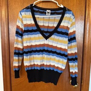 M by Missoni V-Neck Striped Knit Sweater in Blue, Black, Cream, Yellow, Brown